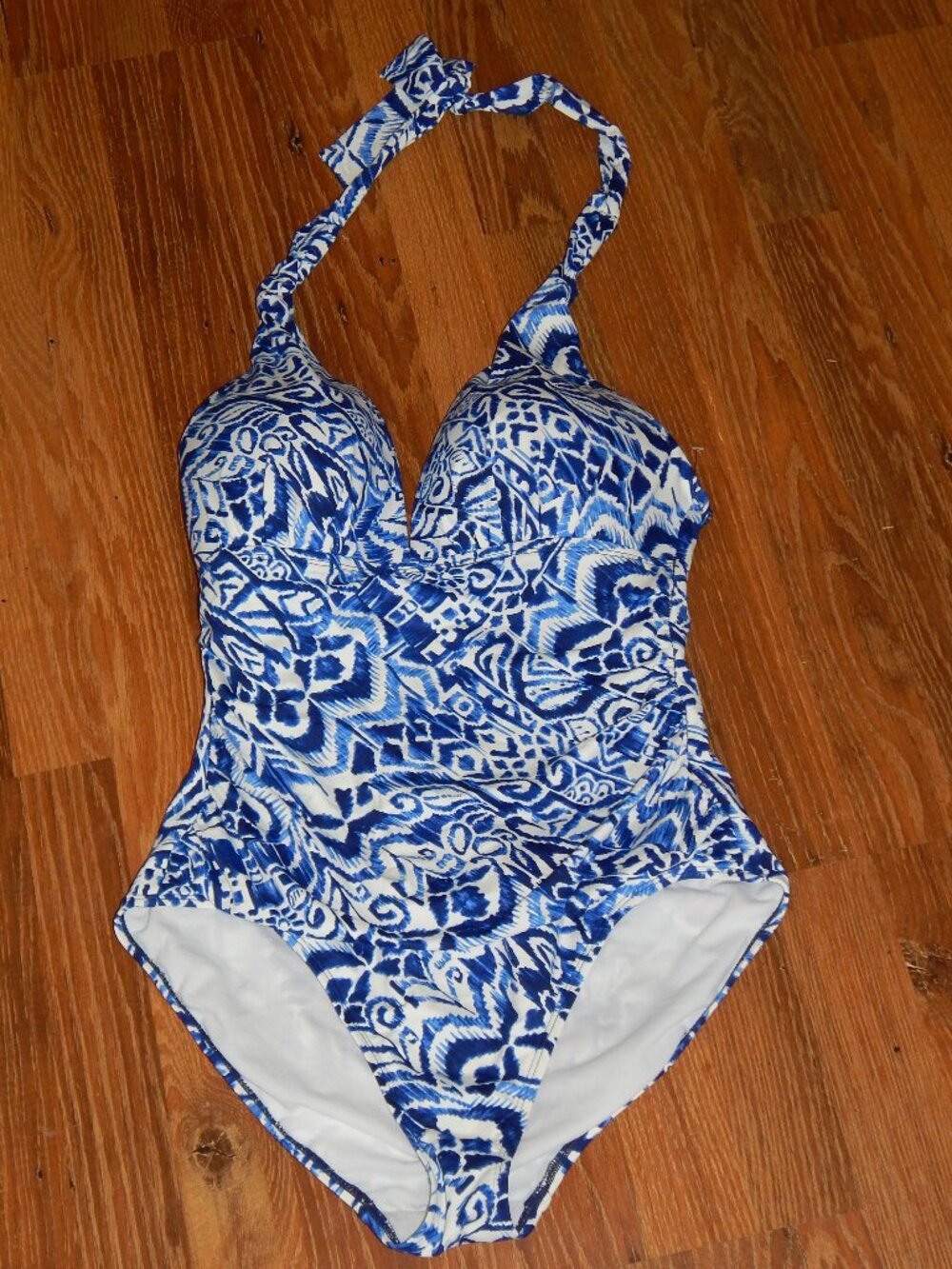 Women's Size 12 Lauren Ralph Lauren One Piece Halter Style Swimsuit Blue & White